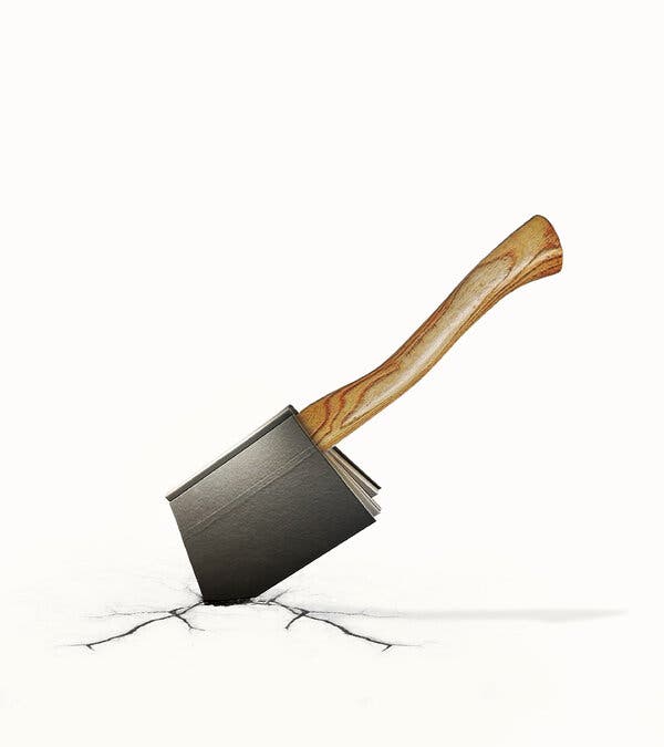 This image shows an ax with a wooden handle and a head in the shape of a book hacking into a frozen surface, causing it to crack. 